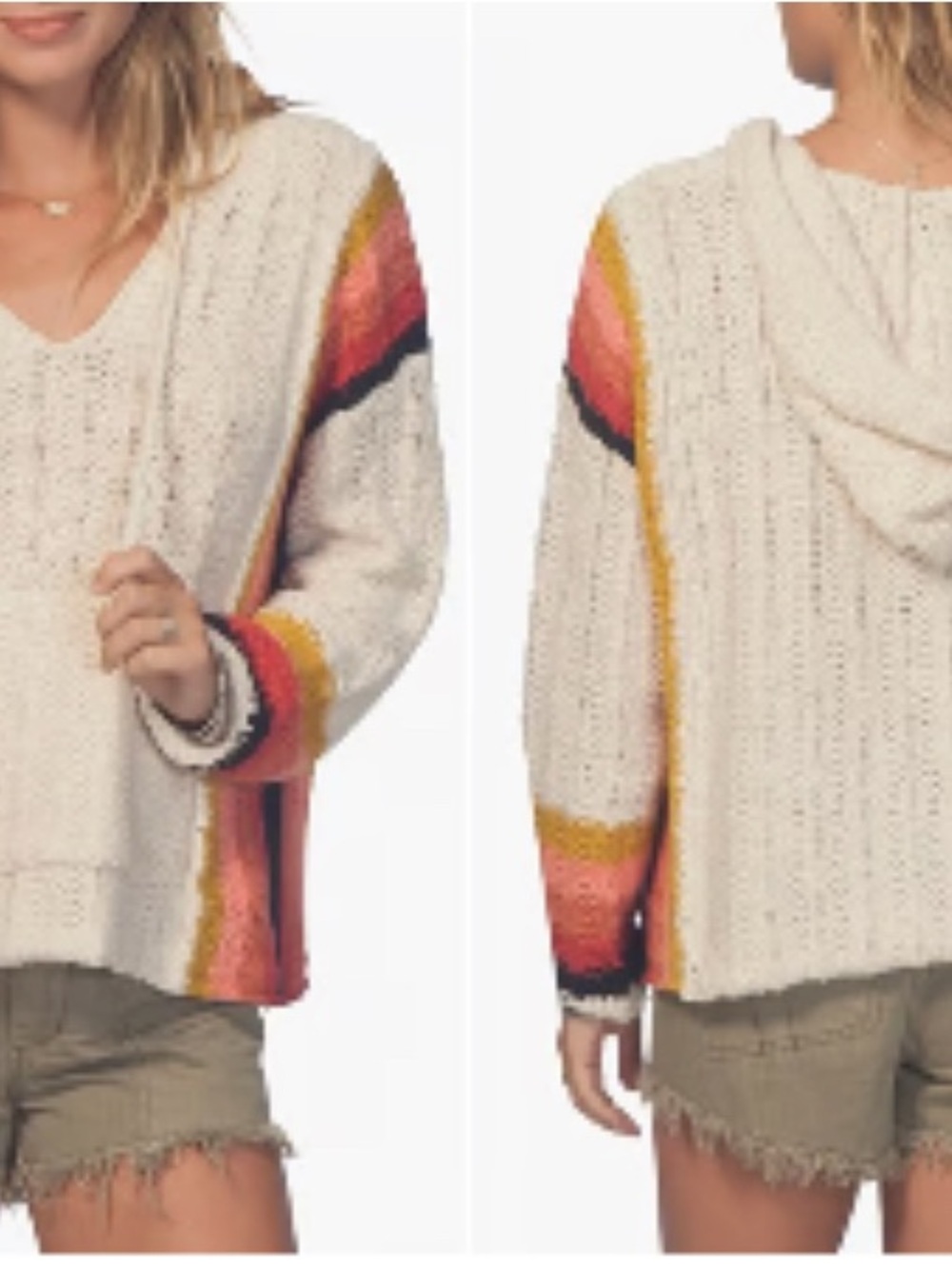 Billabong Cream V-Neck Hooded Sweater with Sunset Stripe Accents